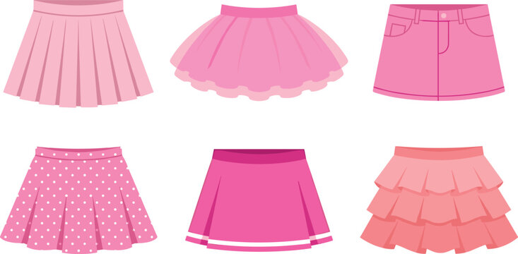 Pink Skirt Vector Icon Set Featuring Pleated, Tutu, Denim Mini, Polka Dot, and Layered Ruffle Styles for Girls Fashion Apparel Branding Designs