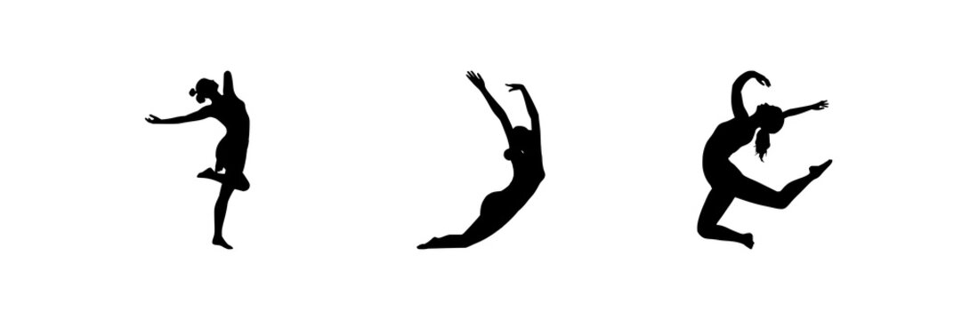 Yoga dancer silhouette set with solid black figure in a dancer pose against white background featuring yoga, flexibility, balance with silhouette and body outline