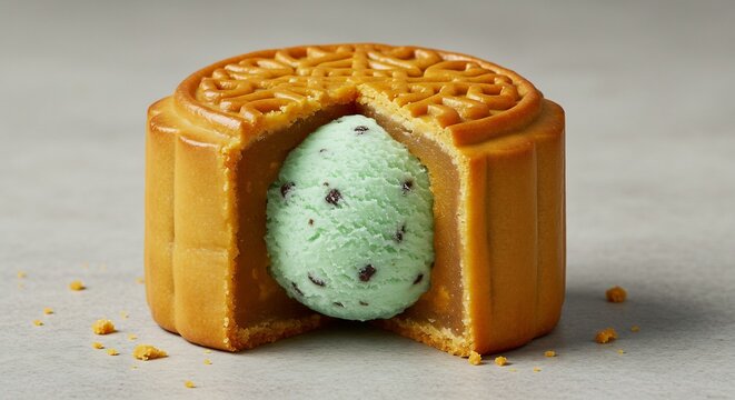 Mint Chocolate Chip Ice Cream Mooncake: A delectable mooncake with a rich, golden crust is halved to reveal a vibrant scoop of mint chocolate chip ice cream nestled inside.