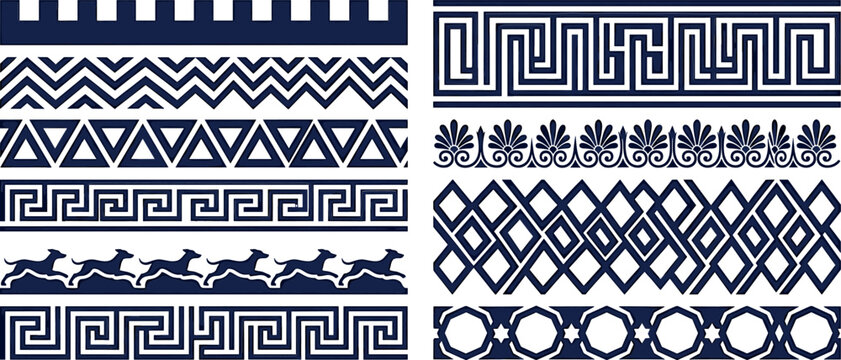 Ancient Greek border pattern collection featuring meander keys palmette floral motifs geometric fret trims and running hound silhouette designs.