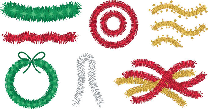 Christmas Tinsel Garland and Festive Wreath Icon Set Featuring Shiny Red Gold Silver and Green Holiday Streamers for Winter Celebration Graphic Designs
