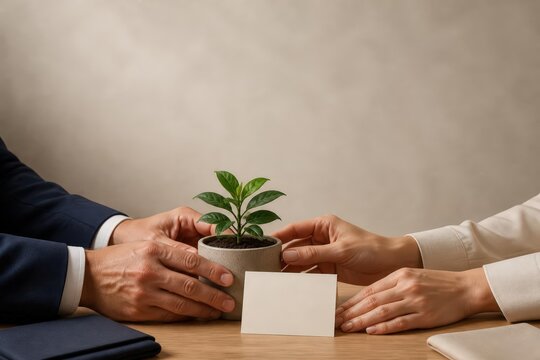 Hands holding small potted plant with blank card