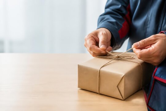 Hands tying twine on a brown paper wrapped parcel