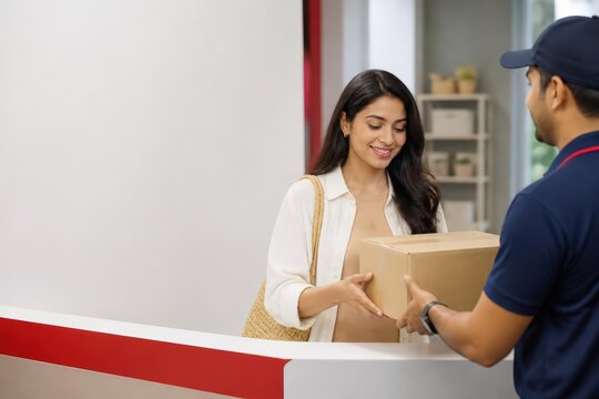 Woman receiving package from delivery worker at service counter
