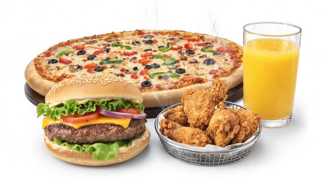 Fresh pizza burger fried chicken and orange juice drink combo meal