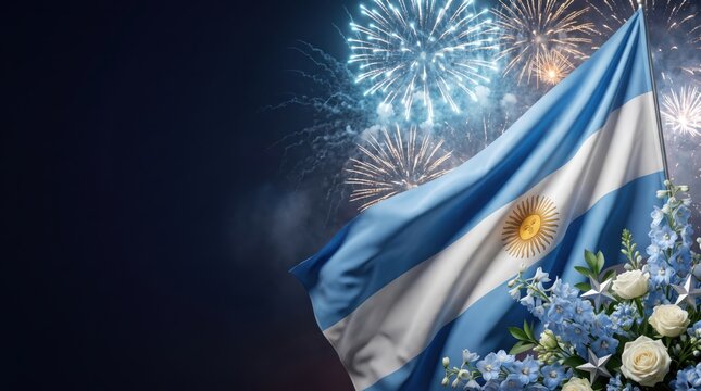 Waving flag of argentina with a central sun emblem, accompanied by a bouquet of white roses and blue delphiniums against a background, of exploding nighttime fireworks