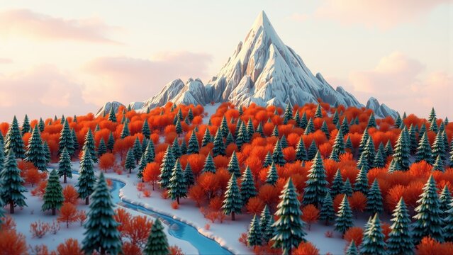 Low poly landscape features snow covered mountain, vibrant autumn trees, winding river. Soft light creates peaceful scene.