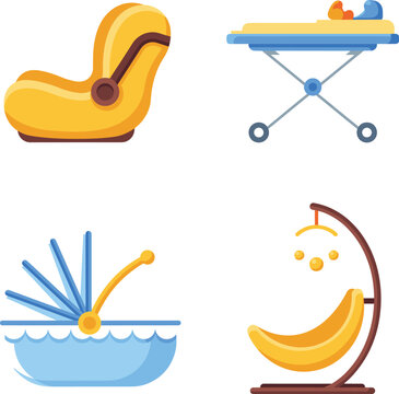 Cute baby nursery icon collection featuring baby seat, changing table, bassinet, and hanging cradle isolated on white background for parenting and childcare design