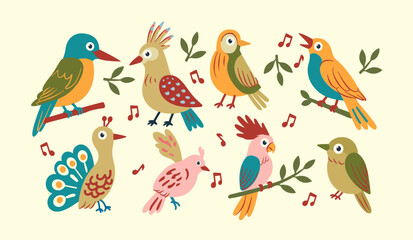 Fototapeta premium Colorful Singing Birds Flat Illustration Collection with Musical Notes Kingfisher Hoopoe Peacock Cockatoo and Songbirds on Branches