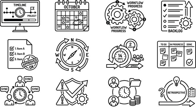 Agile project management and scrum workflow progress line icon set featuring kanban boards sprints backlogs team sync and retrospective cycle elements.