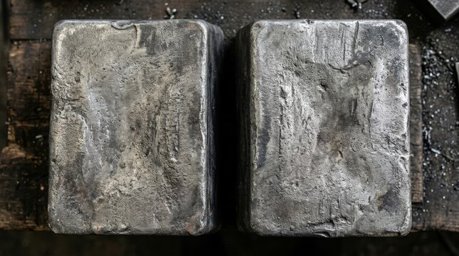Two raw platinum metal bars resting on a dark industrial workshop surface.