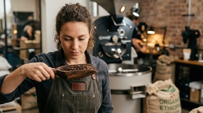 Female Coffee Roaster Inspecting Roasted Beans with Scoop in Roastery