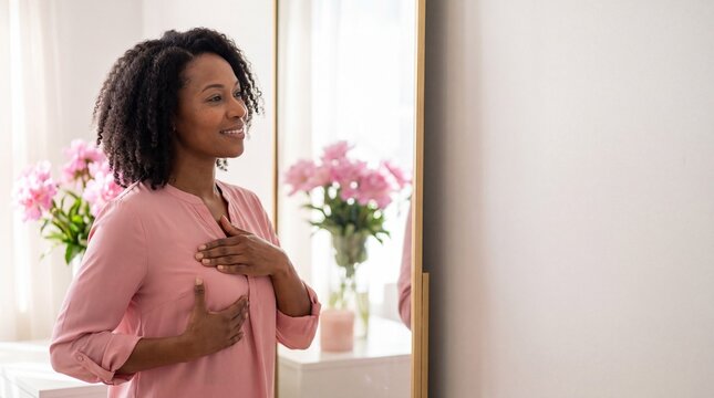 Self-Care Reflection: A woman gently touches her chest while looking in a mirror, surrounded by soft pink peonies and warm lighting, embodying a moment of self-awareness and personal well-being.