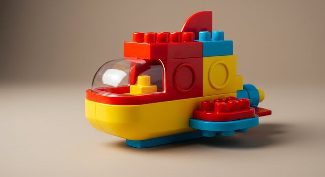 Toy Submarine Construction: A vibrant toy submarine, crafted from colorful interlocking building blocks, rests on a neutral surface, showcasing imaginative play and childhood creativity.