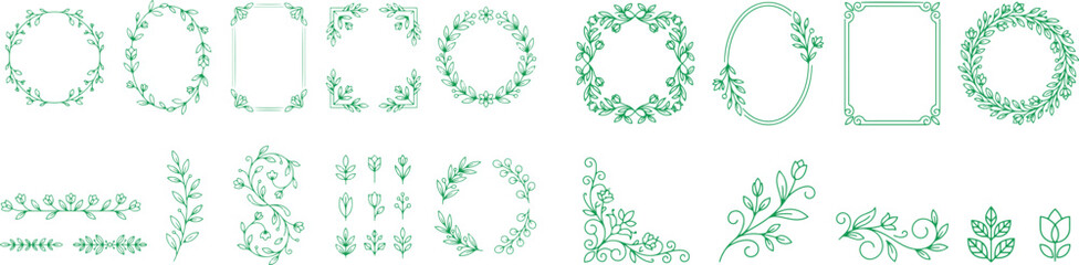 Fototapeta premium Set of hand drawn floral frames and decorative dividers with green leaves and branches for wedding invitations