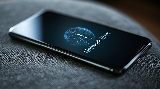 A smartphone screen displaying a network error message with a digital globe icon. Conceptual image for internet connectivity issues and technical problems.