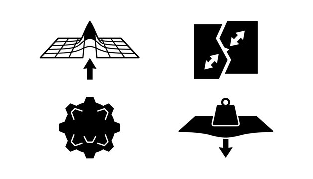 Physics and geology black vector icon set with spacetime curvature tectonic plate shift gravity deformation and abstract crystal lattice symbols.