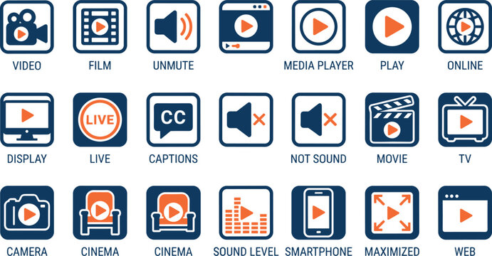 Modern video media player icons set with playback, streaming, and multimedia symbols
