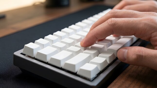 Close up of hands typing on a mechanical keyboard.
