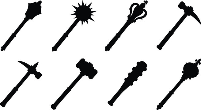 Medieval fantasy weapon silhouette collection featuring maces hammers axes and ornate combat weapons