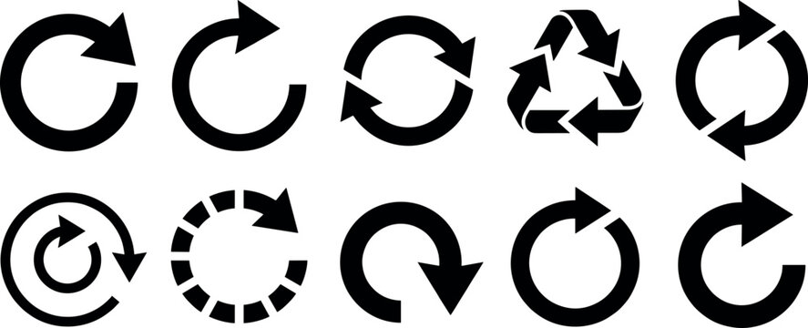 Black circular recycling and refresh arrow icon collection featuring loop repeat loading progress reset and ecology system interface signs.