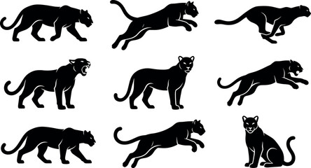Black panther silhouette icon set with wild big cat walking jumping running and roaring poses vector © AFSANA AKTER