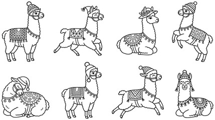Naklejka premium Llama alpaca set with decorative patterns and winter accessories for kids crafts.
