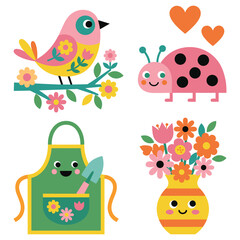 Naklejka premium Cute spring garden elements set with bird, ladybug, apron, and flowers in vase.