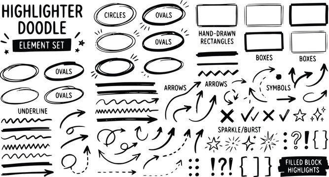 Highlighter doodle element set with hand-drawn rectangles and circles. Black ink marker strokes, arrows, and symbols. Vector sketch collection.