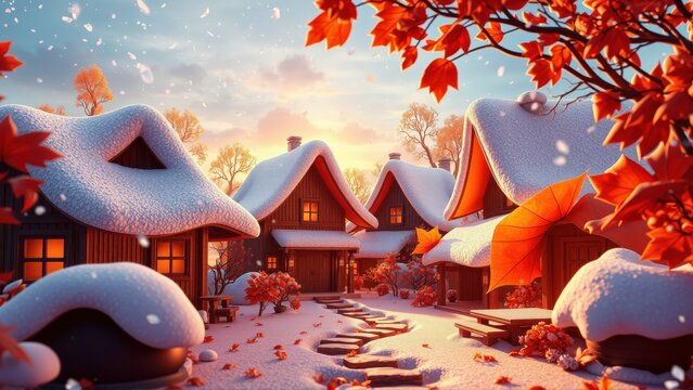 Snowy village scene. Cozy homes covered with snow, warm light emanating from windows. Autumn leaves fall gently. Peaceful winter landscape.