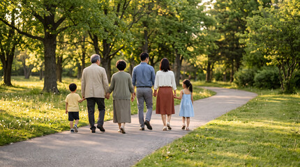 Fototapeta premium Multigenerational Family Walking Together Through Green Park