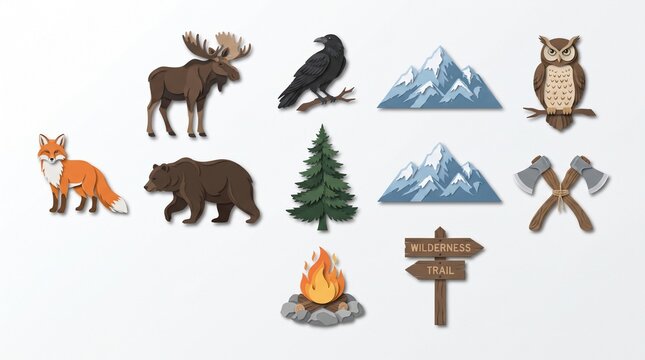 Camping and hiking elements icon set, moose bear fox owl bird vector illustration, travel accessories campfire axe mountain sign, wild nature emblem collection
