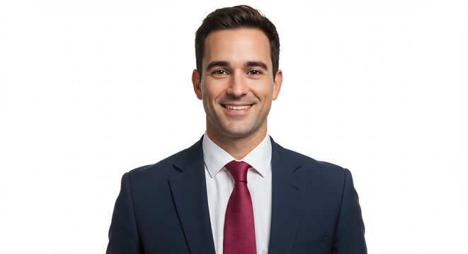 Confident Businessman Portrait: A smiling businessman in a sharp navy suit and crimson tie stands confidently against a clean white background, embodying professionalism and success.