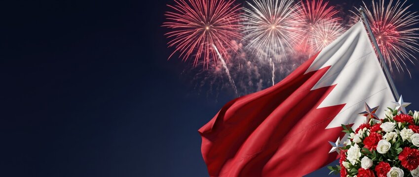 Waving flag of bahrain against a dark night sky with exploding red and white fireworks and a decorative bouquet of red and white flowers in the corner