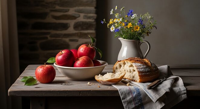 Rustic still life with fresh apples and wildflowers in a pitcher, interior