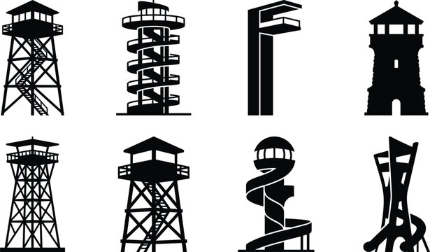 Watchtower and observation tower silhouette icon collection, security guard towers and architectural vector set
