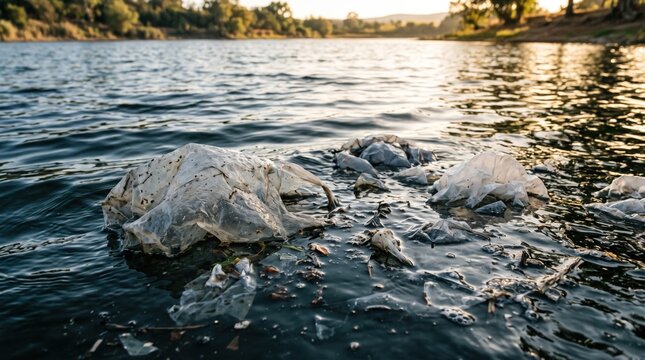 Plastic bags and waste floating on lake surface, environmental pollution crisis, ecological damage, global warming impact, nature conservation awareness, dirty river water