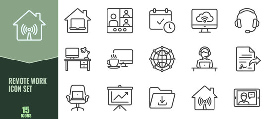 Fototapeta premium Remote work icon set for digital communication, home office, and virtual collaboration, featuring thin line vector illustrations for business and technology