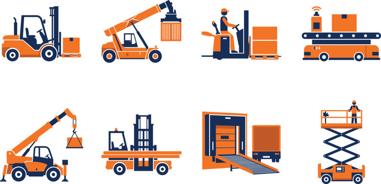 Professional Warehouse Logistics and Material Handling Equipment Vector Icon Set for Industrial Storage and Shipping Solutions