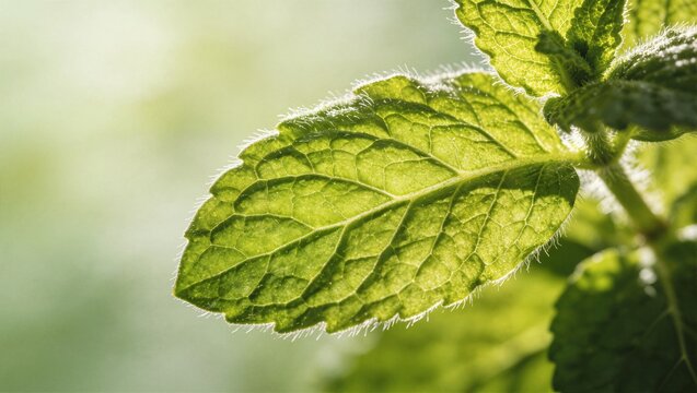 Macro backlit view of fresh green mint leaf showing detailed vein structure and tiny hairs with soft bokeh. Ideal for nature detail and freshness themes.