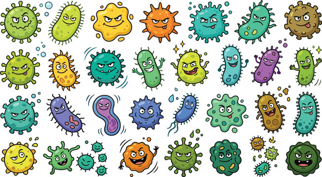 Cute and Evil Bacteria Character Sticker Set with Cartoon Virus Pathogens Germ Microbes and Infection Microorganisms for Healthcare Education Graphics and Medical Illustrations