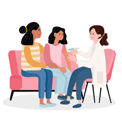 Obraz premium Female doctor giving vaccine injection to woman patient on sofa vector illustration