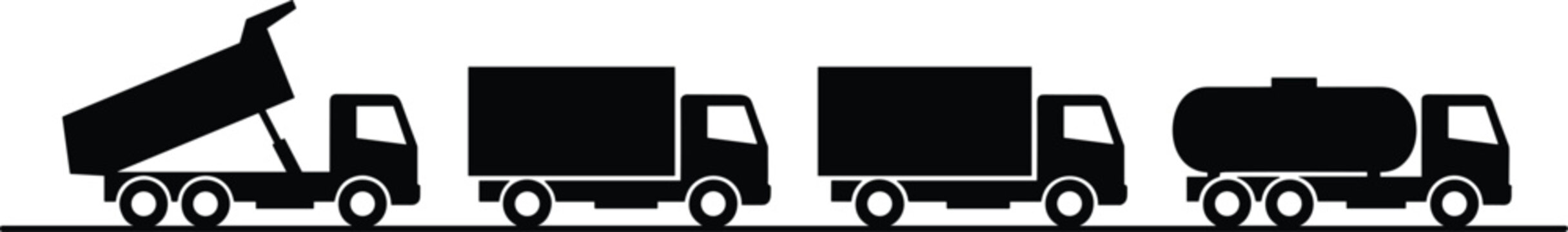 Commercial heavy vehicle silhouettes set featuring hydraulic dump truck cargo delivery vans and industrial fuel tanker