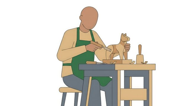 Black artisan carving wooden animal sculpture on workbench