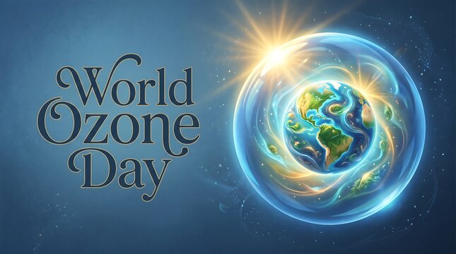 World Ozone Day Concept Illustration Featuring Planet Earth Protected by Glowing Ozone Layer Bubble on Blue Background for Environmental Awareness
