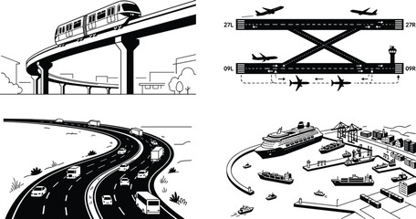 Obraz premium Comprehensive public transportation network concept set with elevated monorail train airport runway highway and marine seaport