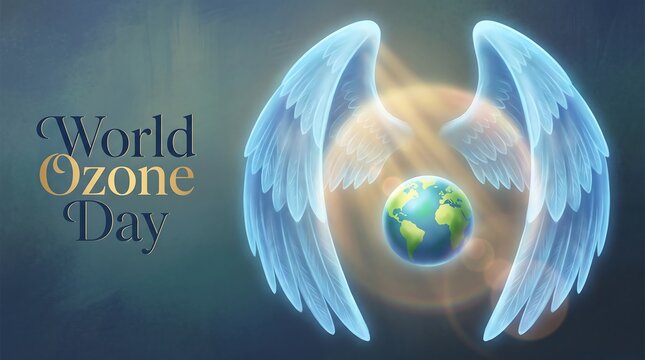 World Ozone Day Banner with Earth Protected by Glowing Wings and Sun Rays for Environmental Protection and Climate Change Awareness Campaign