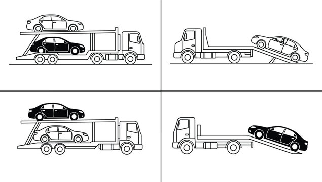 Towing service and car transport trucks collection showing flatbed recovery vehicles loading automobiles in outline style