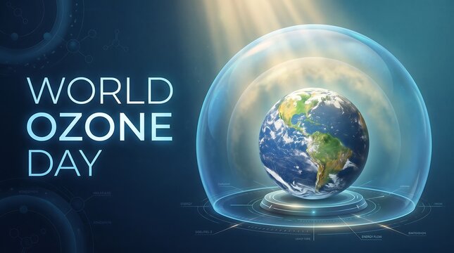 World Ozone Day Concept with Planet Earth Protected by a Glass Shield Dome, Global Environmental Protection and Atmosphere Preservation Illustration.