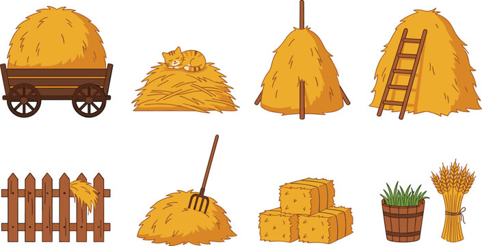 Rustic Farm Hay and Straw Collection Featuring Hay Wagon, Haystack, Ladder, Fence, Rake, Bales, Grass Pot, and Wheat Sheaf
